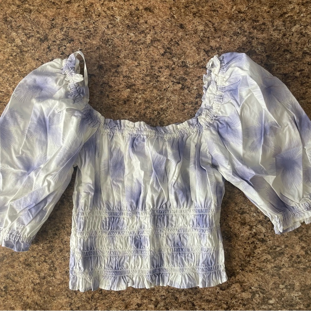 Levi's White and Blue Smocked Puff Sleeve Blouse